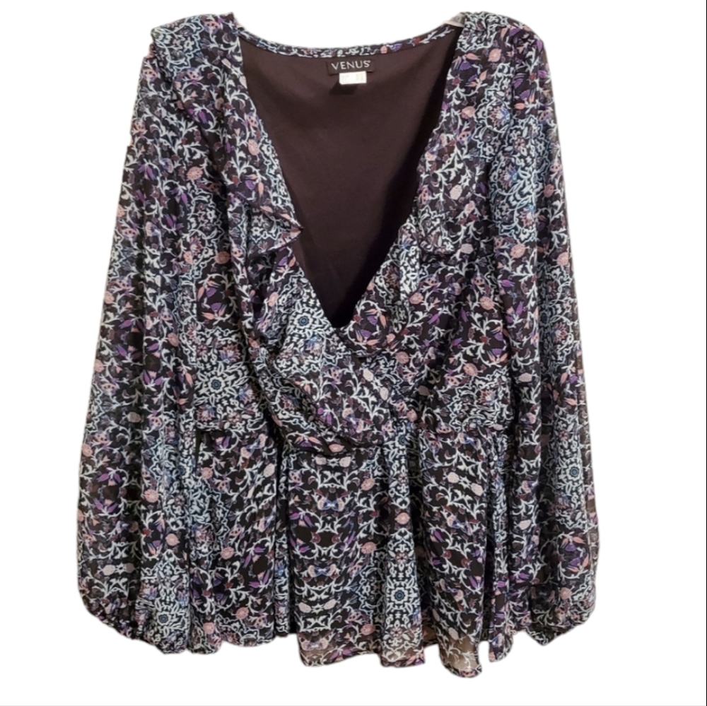 Venus M Peasant Top Blue Floral Printed Ruffle Blouse Cuffed Sleeve Deep V-neck